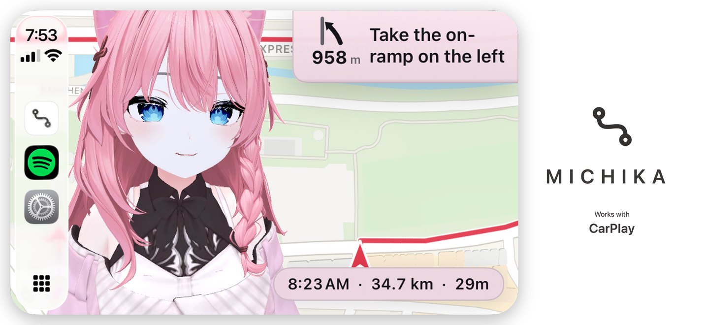 Michika on a CarPlay screen: Shinano stands beside the map as the next turn is shown. Beside the screen, the Michika route mark and the words Works with CarPlay.